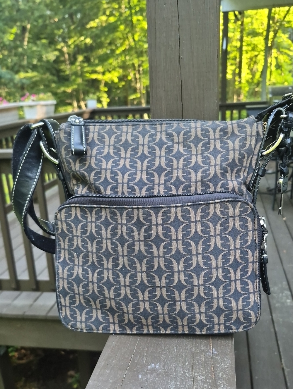 Vintage Fossil Signature  monogram Jacquard canvas Leather Trim Crossbody Bag